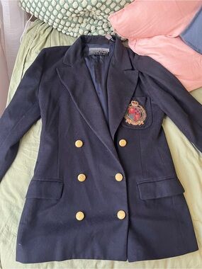 Vintage Linda Allard for Ellen Tracy Navy Double-Breasted Crest Blazer Oversized